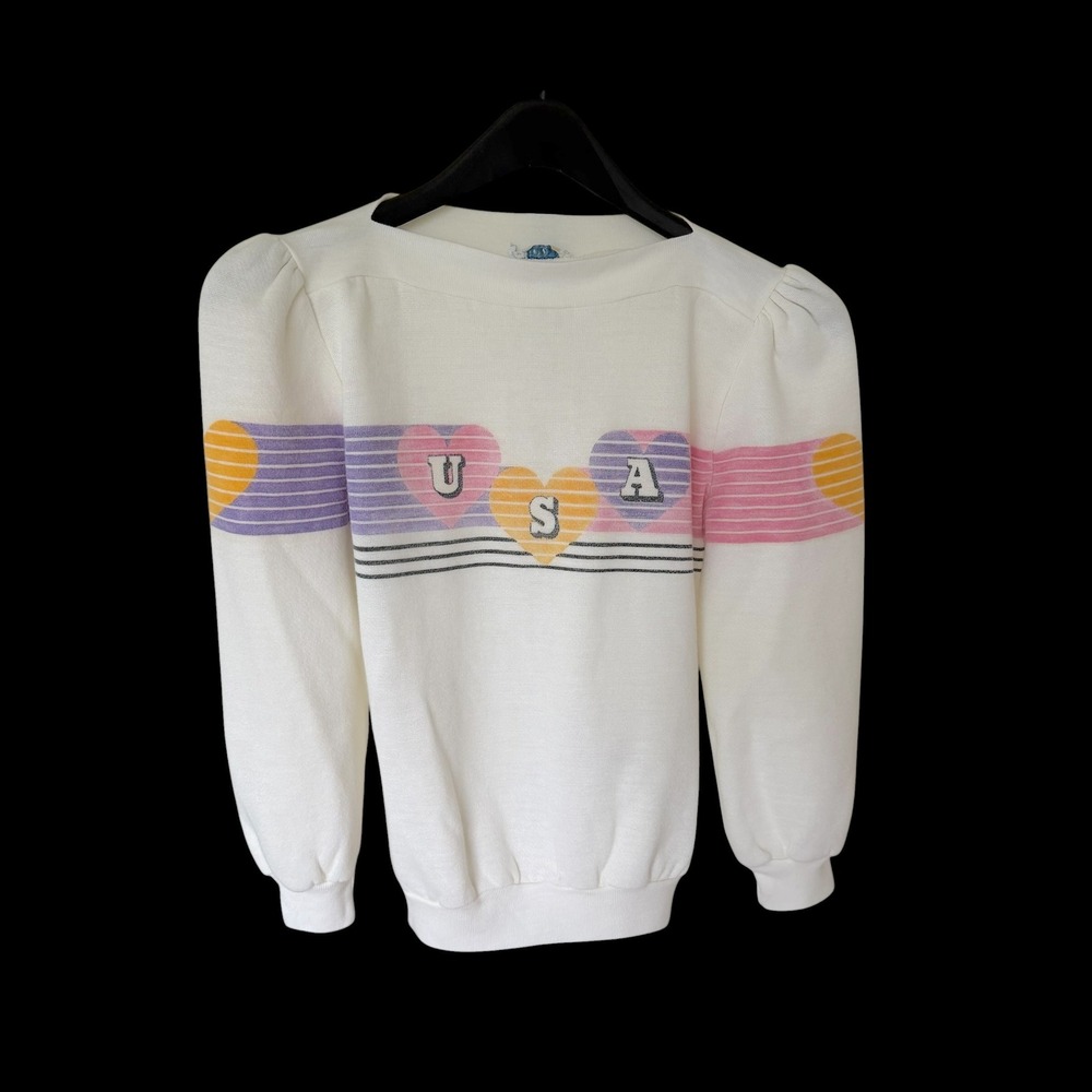 70's Judyanna Ltd New York USA Heart Puff Sleeve Sweatshirt White Vintage L